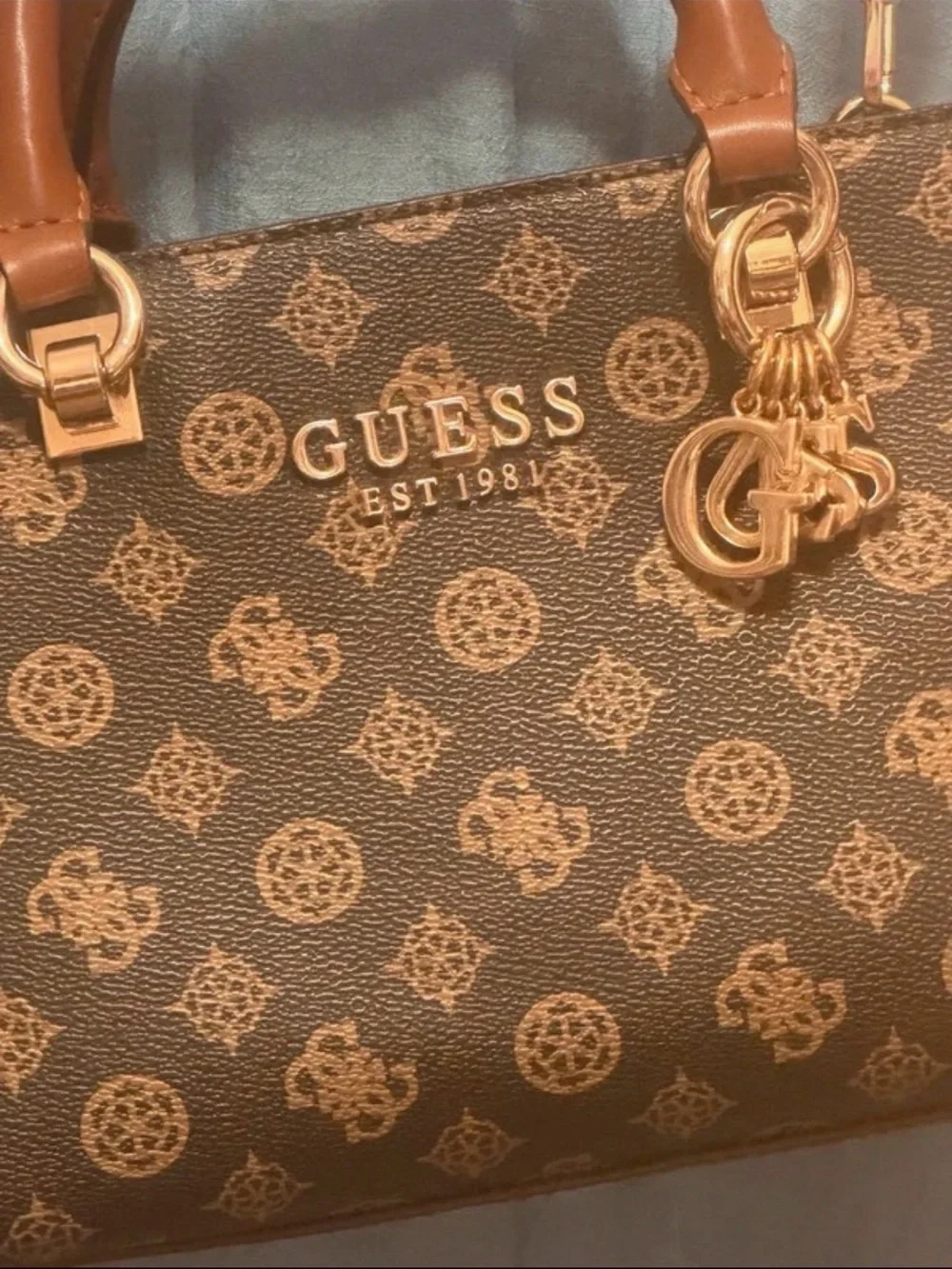 GUESS Brown Logo Monogram Satchel with Cream Panels